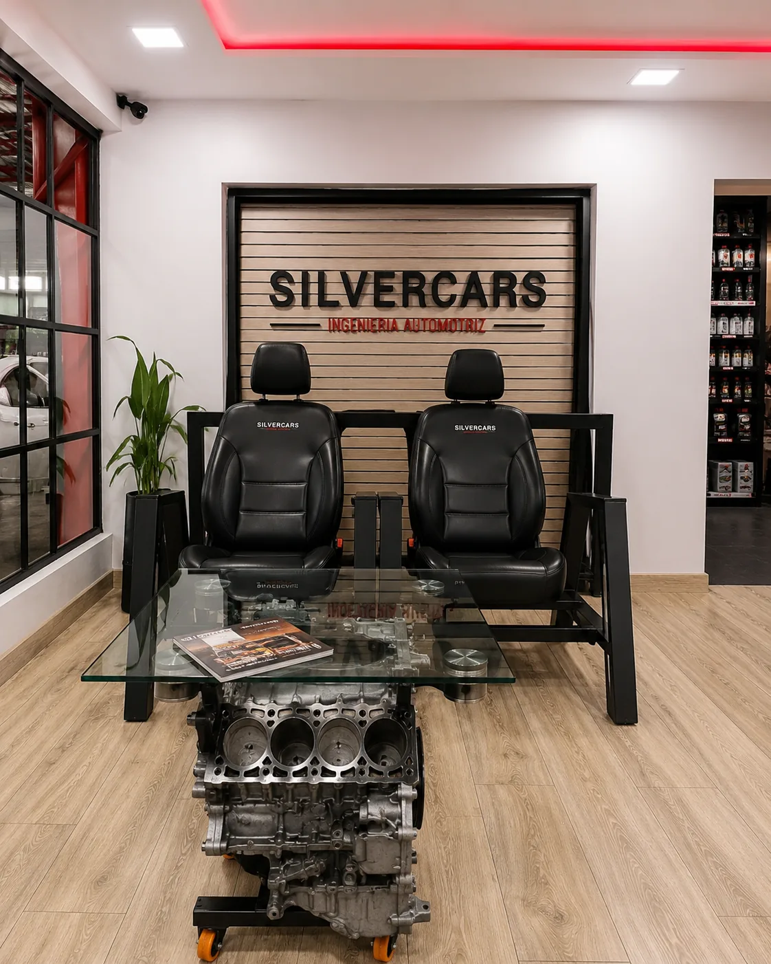 Sala de espera de Silver Cars con sillas tipo auto, mesa de motor y marca en pared.
