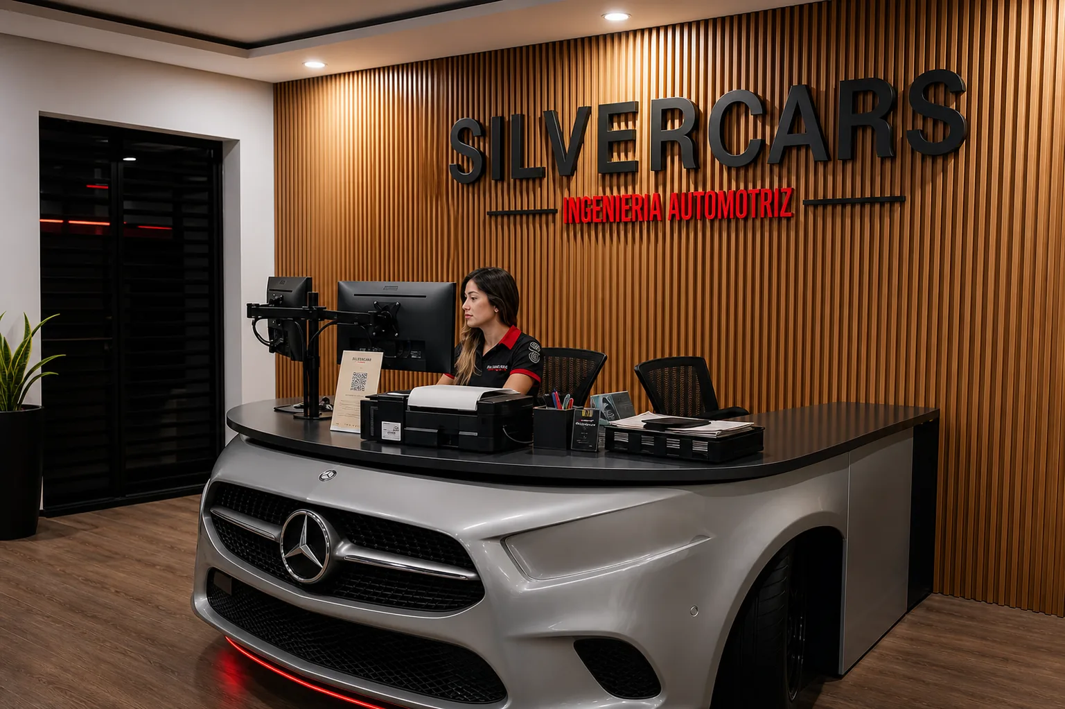 Recepción principal de Silver Cars con mostrador frontal inspirado en Mercedes-Benz.